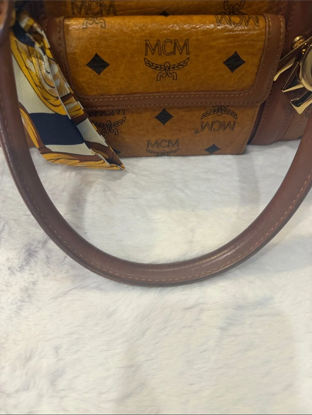 MCM Cognac Monogram Visetos Satchel with Gold Charms